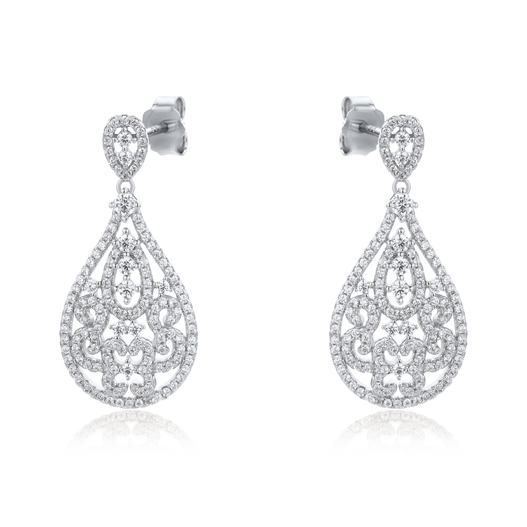 Sterling Silver White CZ Filligree Drop Earrings