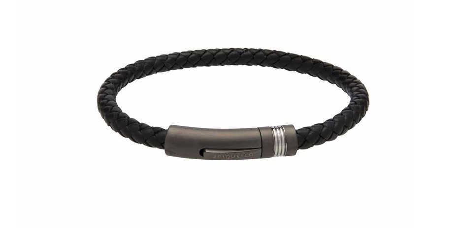 Black Leather Bracelet with Gunmetal Steel Clasp