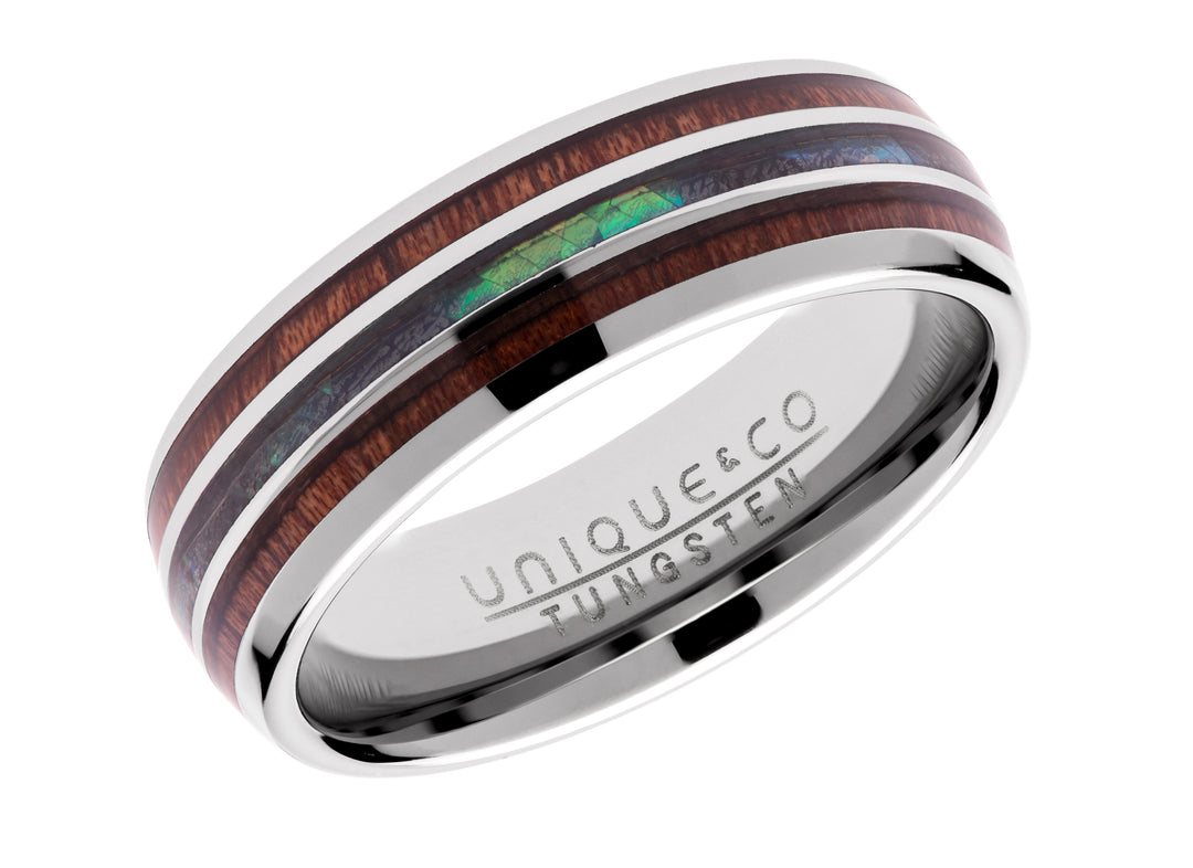 Wood Inlay and Abalone Shell Tungsten Ring